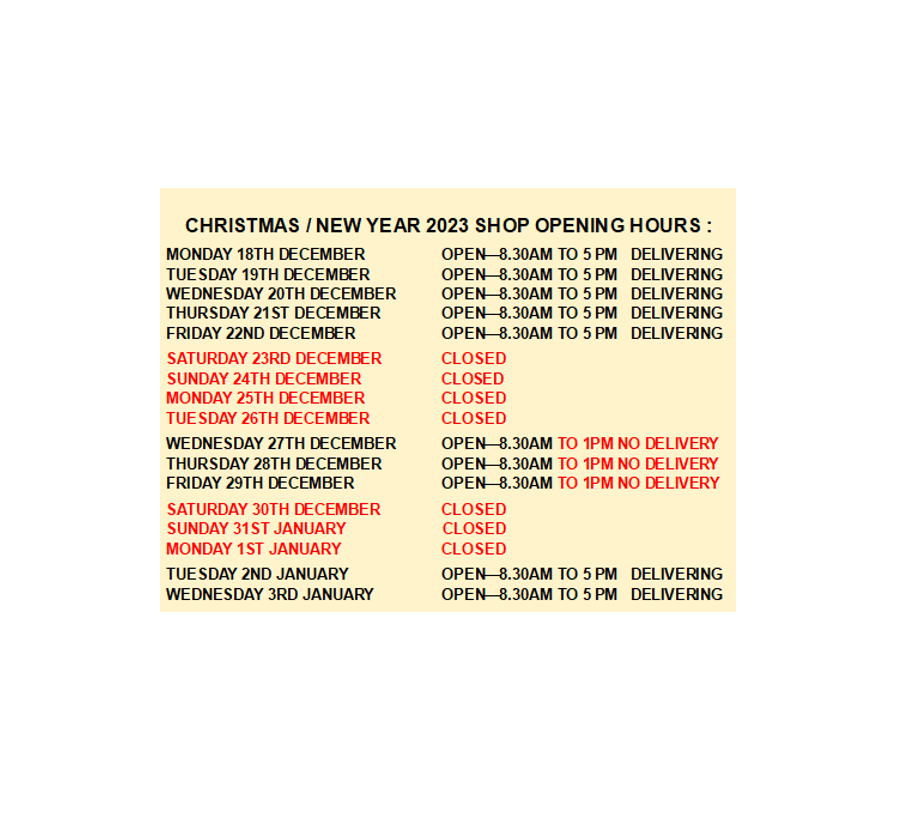 Christmas Opening/Deliveries Vale Gardens Limited
