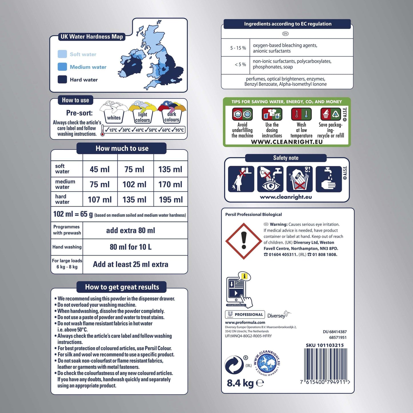 Diversey Persil Bio Pro Formula Professional Biological Washing Powder - 130 Washes 8.4kg