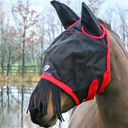 Hy Equestrian Mesh Half Fly Mask With Ears & Fringe - Black/Red