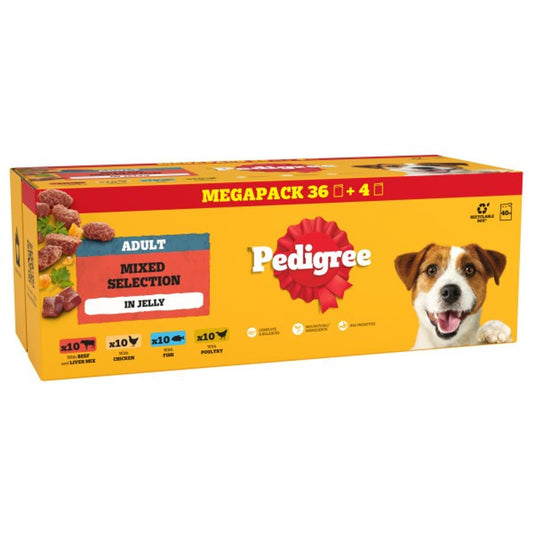 Pedigree Adult Dog Pouches Mixed Selection in Jelly 40 for 36 x100g Mega Pack