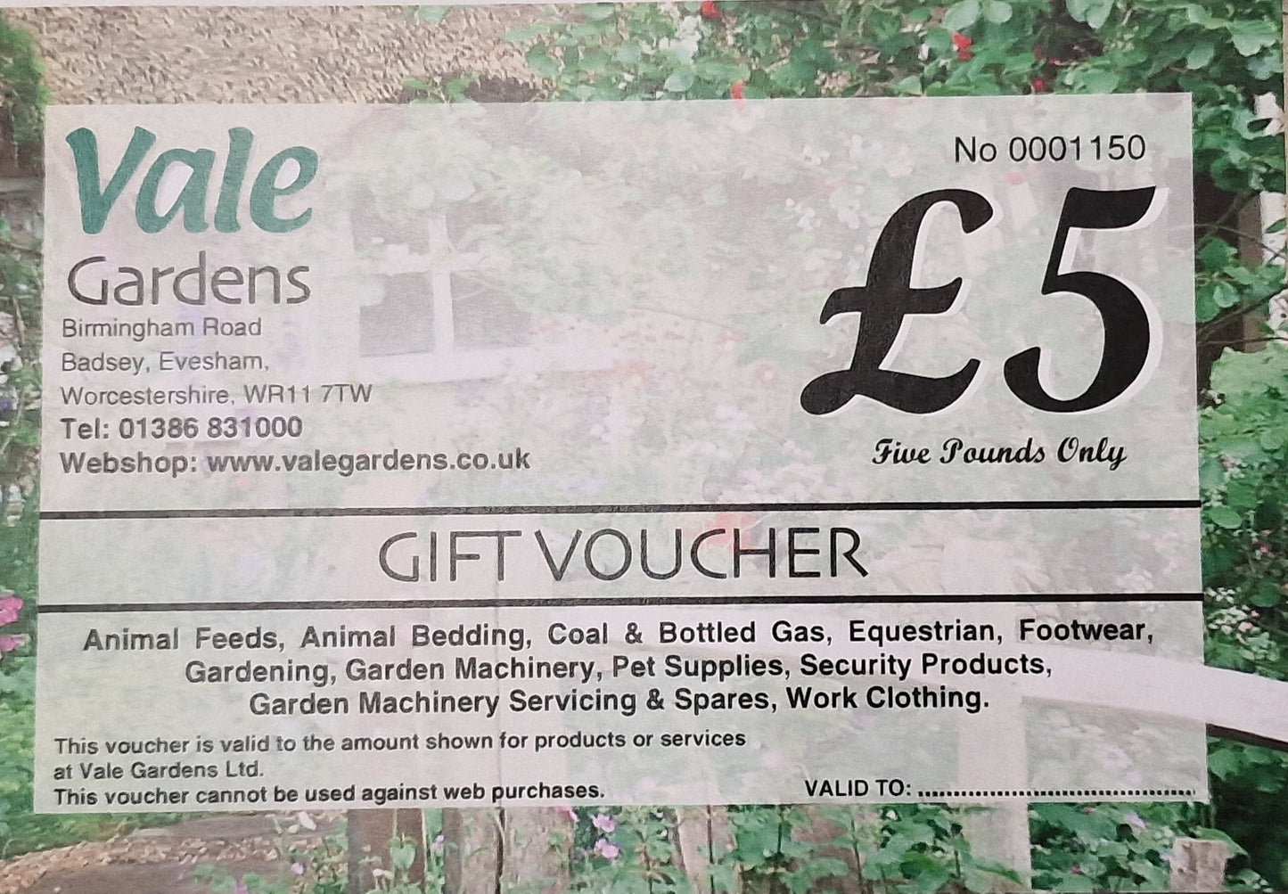 Vale Gardens Gift Voucher £5